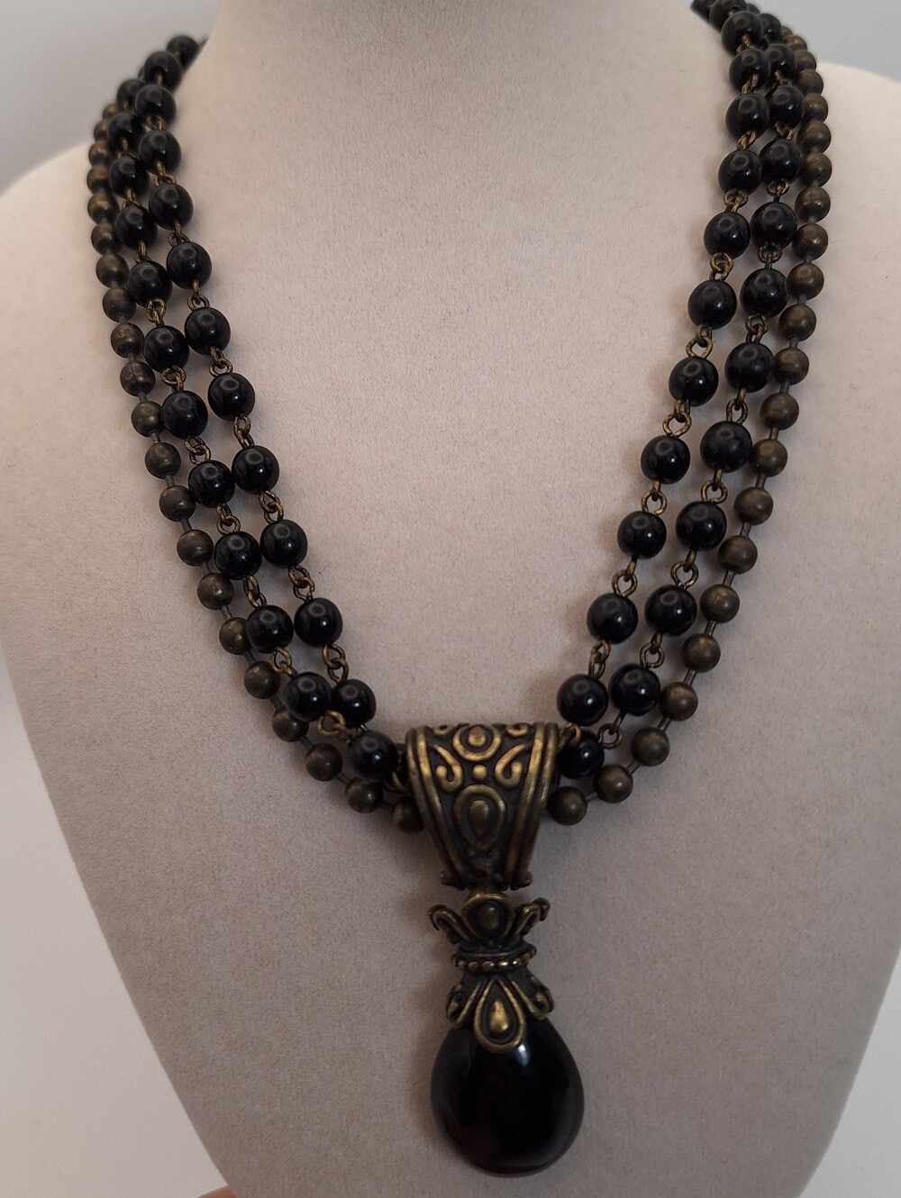 Vintage Chicos Necklace 3 Strand Beaded Black and Antiqued Bronze Color